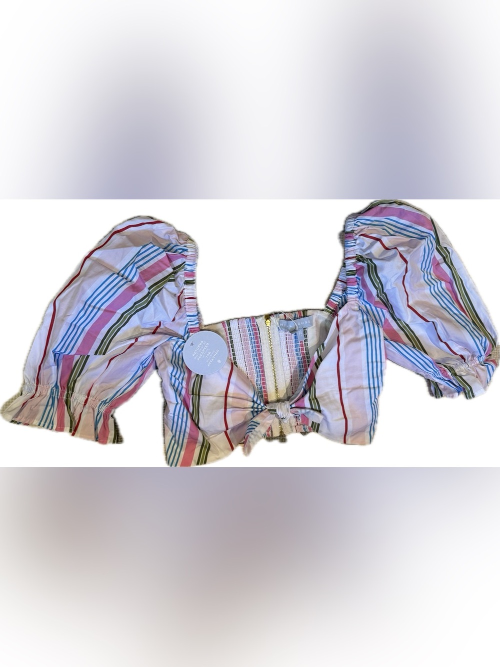 Hill House Small Isabella Puff-Sleeve Tie-Front Crop Top Rainbow Stripe